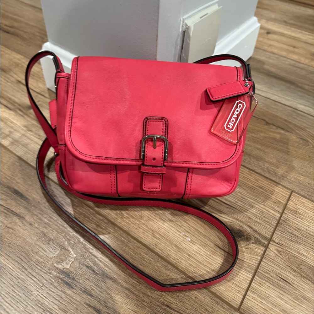 COACH Vintage The “Hadley” Bright Coral Pink Leather Field Crossbody Flap Bag